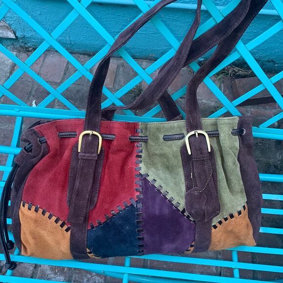 VINTAGE SUEDE PATCHWORK WHIPSTITCHED LEATHER SHOULDER BAG - Picture 1 of 8
